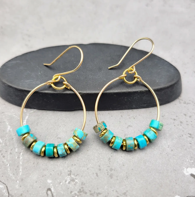 Gold Hoop Earrings with Turquoise Jasper Hoop Earrings