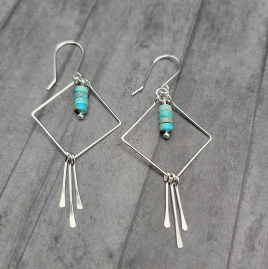 Silver Square Hoop Earrings with Turquoise Jasper