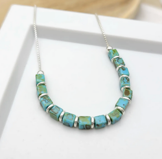 Sterling & Turquoise Colored Cube Beaded Necklace