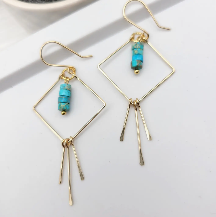 Square Gold Hoops with Turquoise Jasper