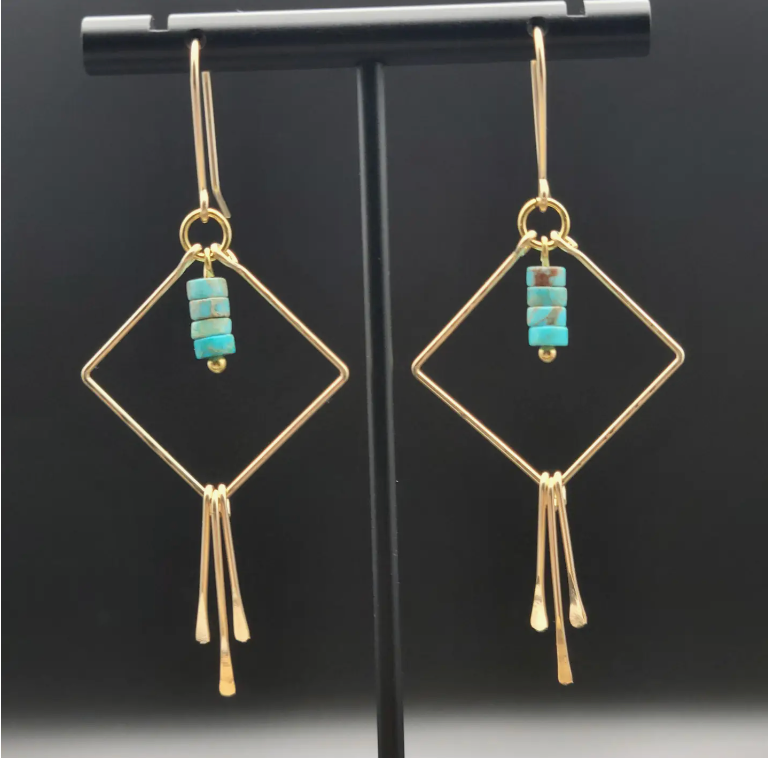Square Gold Hoops with Turquoise Jasper